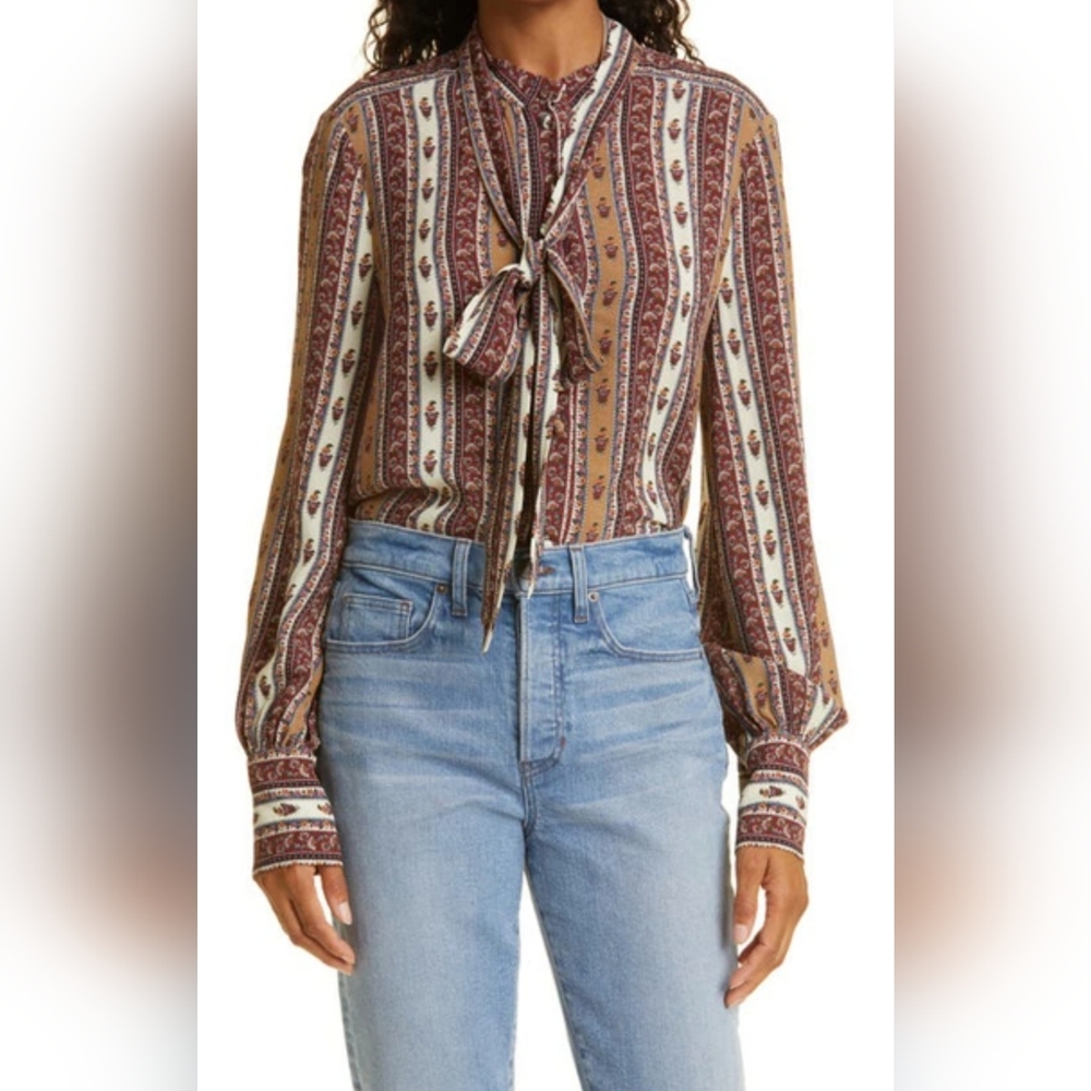 Veronica Beard Paisley-Stripe Tie-Neck Blouse in Burgundy, Cream & Tan